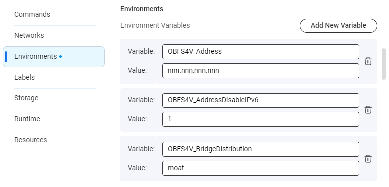 Tor obfs4 bridge on QNAP create environment variables.